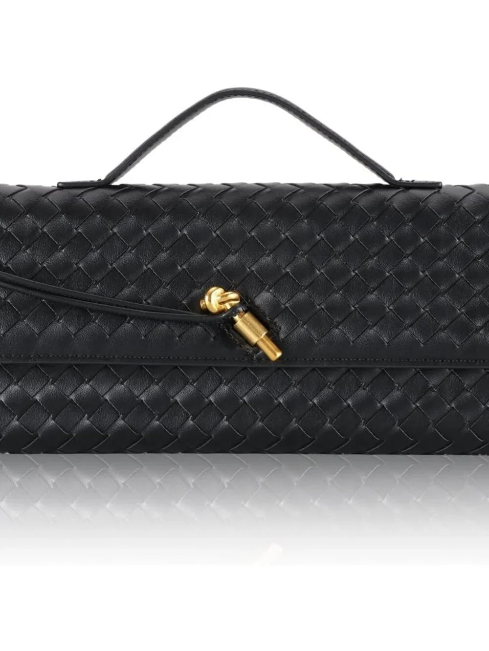 Women's Black Pu Leather Clutch Twist Lock  Stylish Evening Woven Purse Bag